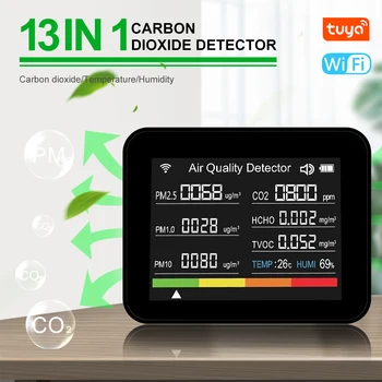 13in1 WIFI тестер за качество на въздуха CO2 TVOC HCHO PM2.5 PM1.0 PM10 Температурен влагомер Вътрешен монитор за качество на въздуха за дома