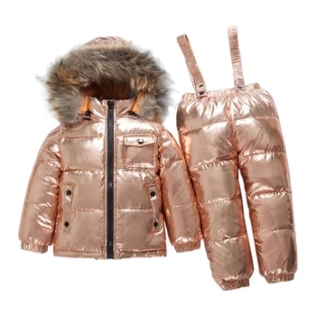 -30 деца Зимни детски дрехи комплекти малко дете момиче дрехи водоустойчиви момчета парка истинска кожа пухени якета палто надолу сняг костюм износване