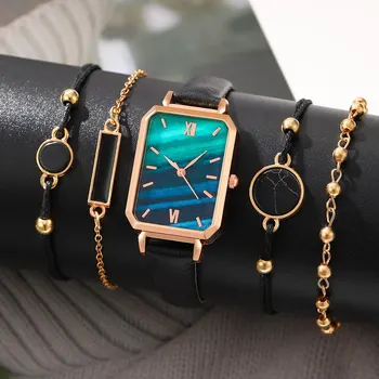 5PCS комплект мода случайни жени бижута часовници дами зелен циферблат кварцов часовник дамски тъкани закръгленост гривна ръчен часовник