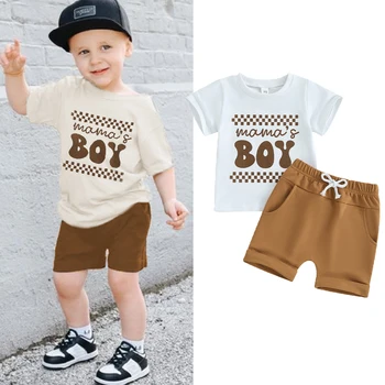 FOCUSNORM 2бр Бебешки бебета момчета летни дрехи комплекти екипировки къс ръкав шахматна дъска писмо печат тениска + шорти комплект 0-3Y