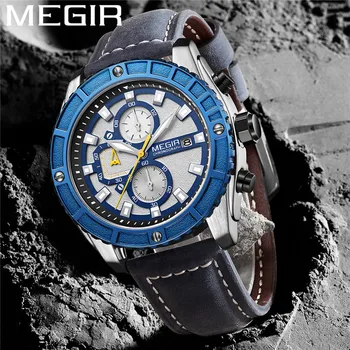 MEGIR Watch Men Chronograph Military Male Clock Top Brand Luxury Blue естествена кожа Fashion Classic Man Sport Wristwatch 2119