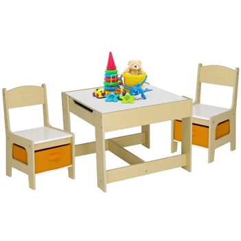 Детска маса и 2 стола Комплект W / чекмедже за съхранение Дървена маса за активност за малки деца