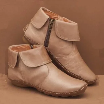 Европейски и американски ежедневни фланцови къси ботуши 2023 Нови дамски извънгабаритни кожени ботуши Минималистични модни ботуши Zapatos Mujer