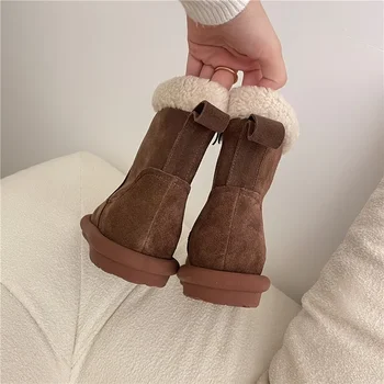 Жените плюшени глезена сняг ботуши удобен страничен цип кръг пръсти къси ботуши зимни термични обувки