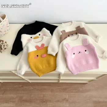 Зимни деца Бебе момичета момчета сладък карикатура отгоре - детска норка кадифе цвят блокиране топло дъно облекло , малко дете пуловер 0-3Y