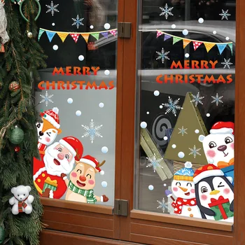 Коледа прозорец стъкло стикери карикатура Санта снежен човек снежинки Весела Коледа стикери за прозорец Честита Нова Година 2024 декор