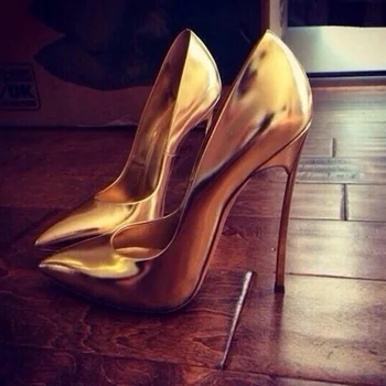 Мода пачуърк метални токчета помпи плитки заострени пръсти шило токчета рокля обувки злато кожа парти сватбени обувки