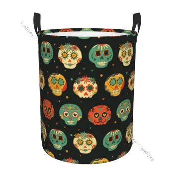 Мръсна кошница за пране Сгъваем организатор Мексикански захарен череп Цветни флорални дрехи пречат на кошницата за съхранение на дома